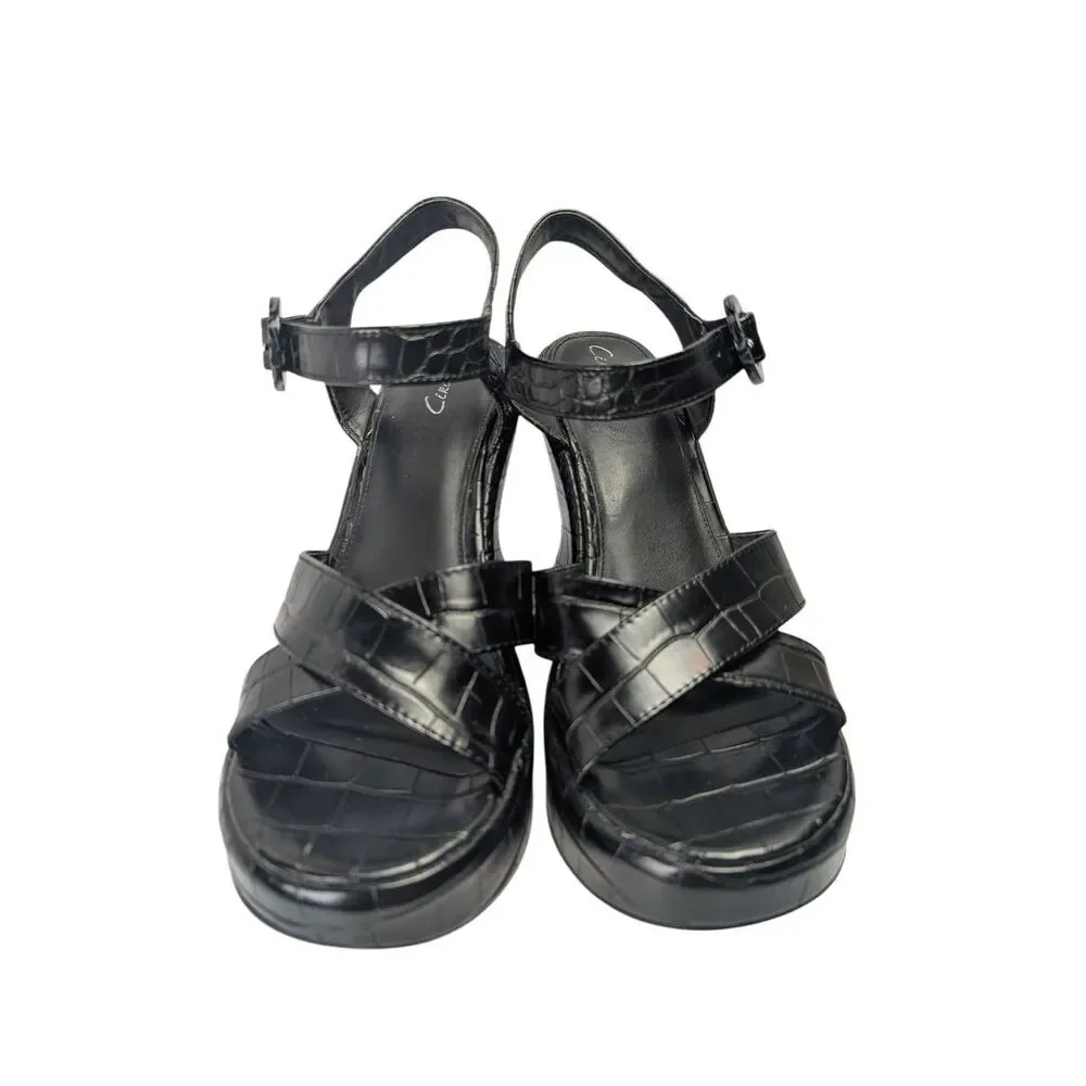 Sam Edelman Circus Peony Black Croc platform chunky sculpted heels womens 9